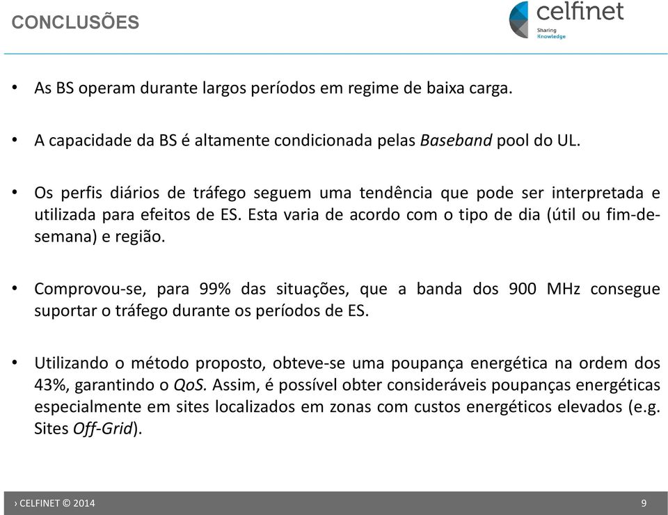 Comprovou-se, para 99% das situações, que a banda dos 900 MHz consegue suportar o tráfego durante os períodos de ES.