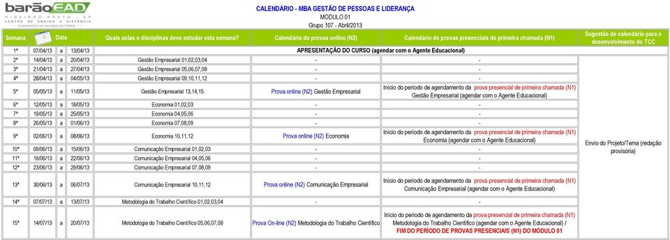 Empresarial Gestão Empresarial (agendar com o Agente Educacional) 6ª 12/05/13 a 18/05/13 Economia 01,02,03 - - 7ª 19/05/13 a 25/05/13 Economia 04,05,06 - - 8ª 26/05/13 a 01/06/13 Economia 07,08,09 -