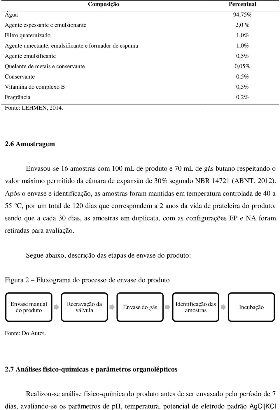 14. 2.6 Amostragem Envasou-se 16 amostras com 100 ml de produto e 70 ml de gás butano respeitando o valor máximo permitido da câmara de expansão de 30% segundo NBR 14721 (ABNT, 2012).