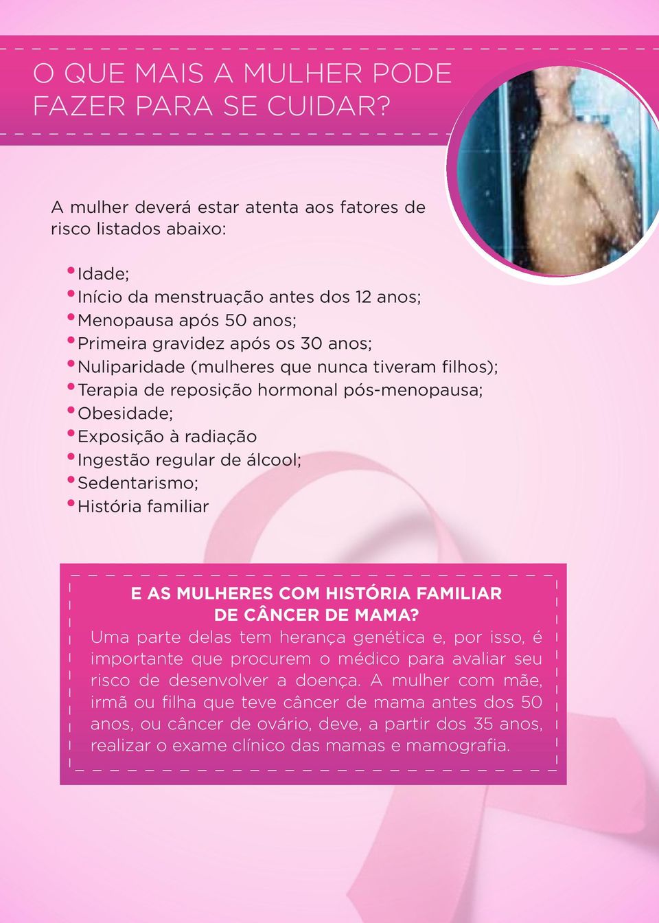 (mulheres que nunca tiveram filhos); Terapia de reposição hormonal pós-menopausa; Obesidade; Exposição à radiação Ingestão regular de álcool; Sedentarismo; História familiar E AS MULHERES COM