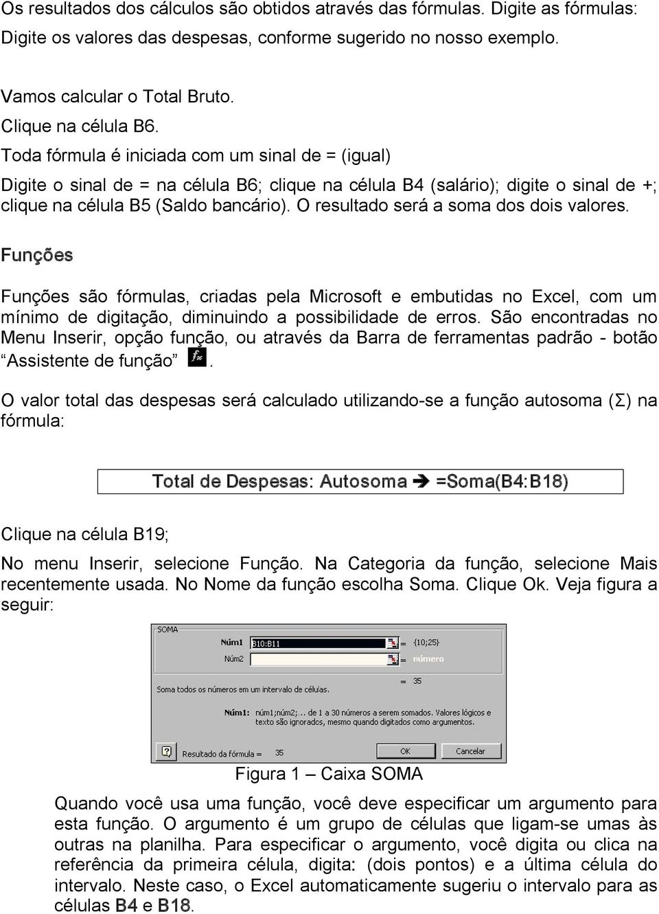 O resultado será a soma dos dois valores. Funções Funções são fórmulas, criadas pela Microsoft e embutidas no Excel, com um mínimo de digitação, diminuindo a possibilidade de erros.