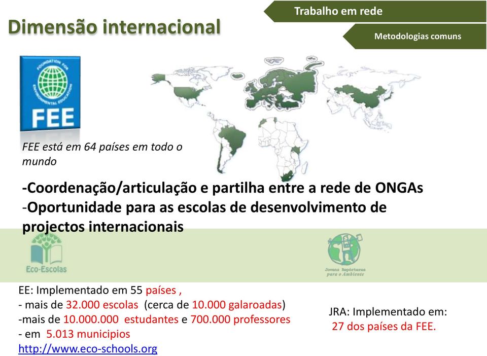 projectos internacionais EE: Implementado em 55 países, - mais de 32.000 escolas (cerca de 10.