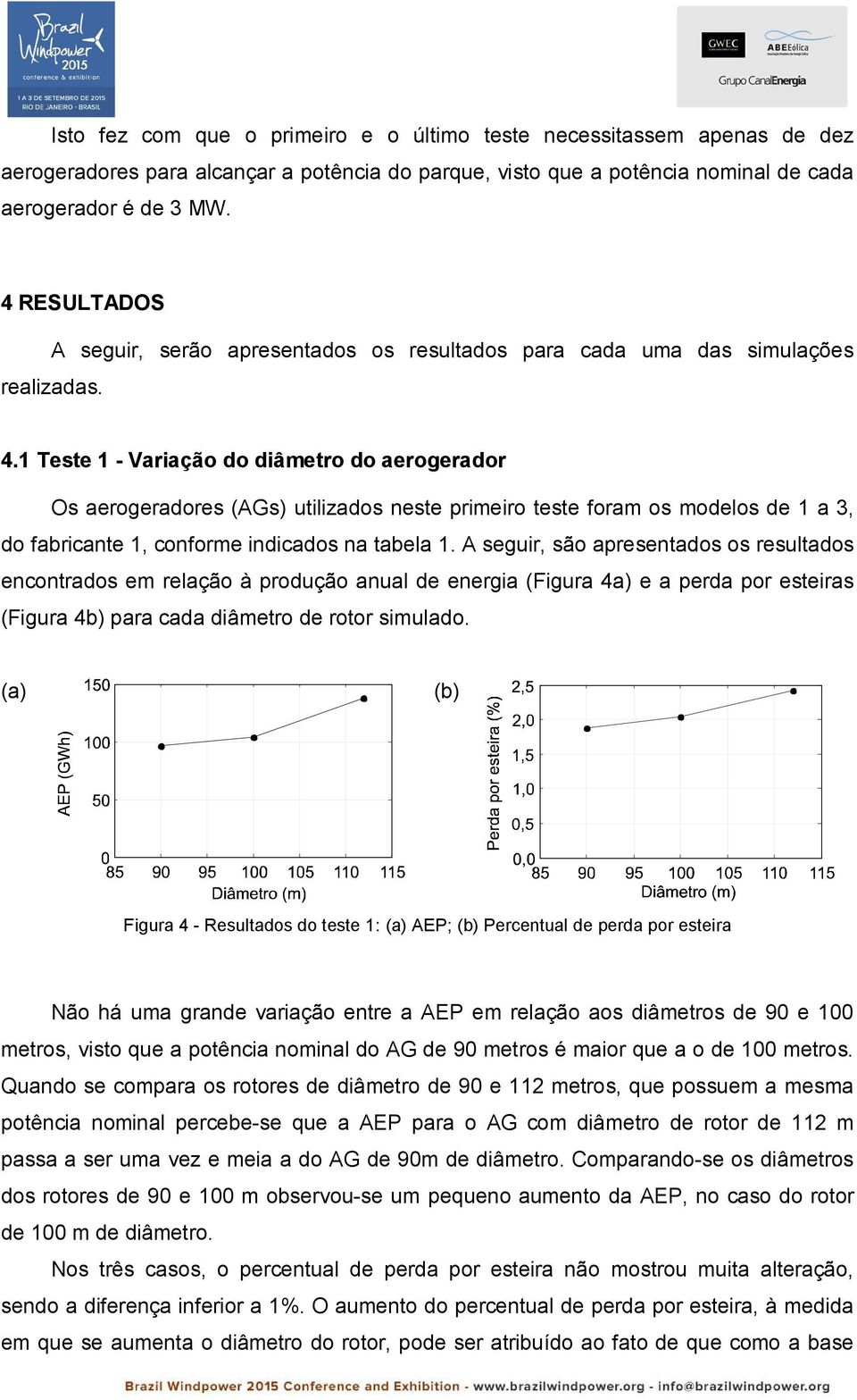 1 Teste 1 - Variação do diâmetro do aerogerador Os aerogeradores (AGs) utilizados neste primeiro teste foram os modelos de 1 a 3, do fabricante 1, conforme indicados na tabela 1.