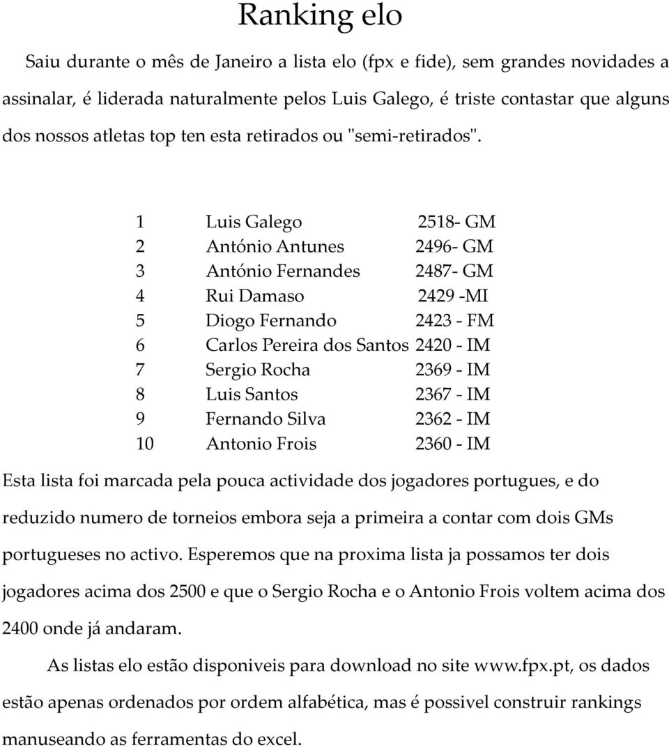 Esta lista foi marcada pela pouca actividade dos jogadores portugues, e do reduzido numero de torneios embora seja a primeira a contar com dois GMs portugueses no activo.