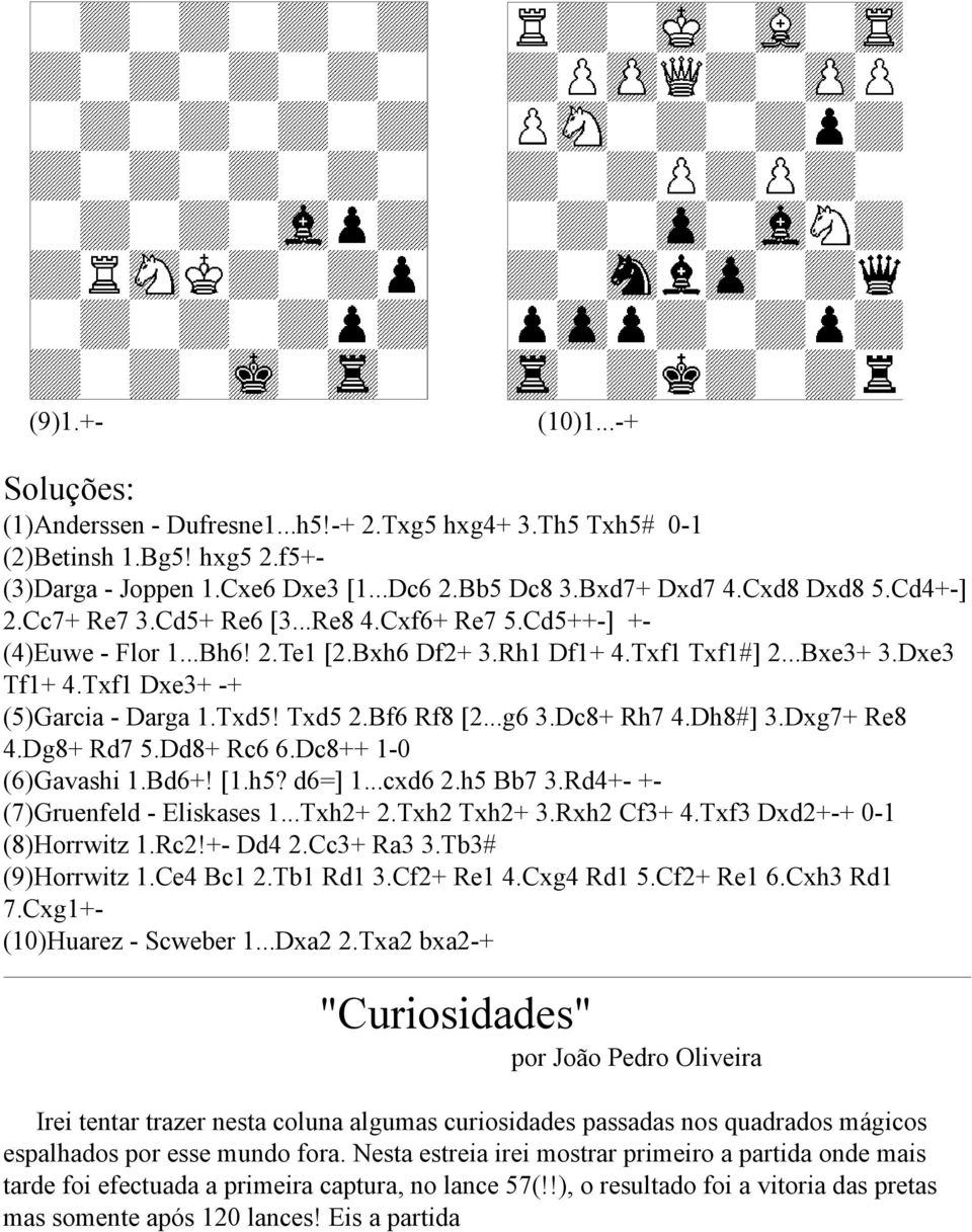 Txd5 2.Bf6 Rf8 [2...g6 3.Dc8+ Rh7 4.Dh8#] 3.Dxg7+ Re8 4.Dg8+ Rd7 5.Dd8+ Rc6 6.Dc8++ 1-0 (6)Gavashi 1.Bd6+! [1.h5? d6=] 1...cxd6 2.h5 Bb7 3.Rd4+- +- (7)Gruenfeld - Eliskases 1...Txh2+ 2.Txh2 Txh2+ 3.