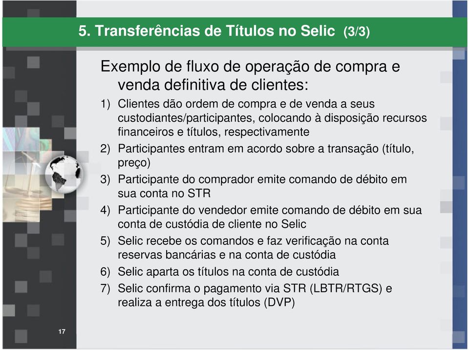 do comprador emite comando de débito em sua conta no STR 4) Participante do vendedor emite comando de débito em sua conta de custódia de cliente no Selic 5) Selic recebe os comandos e