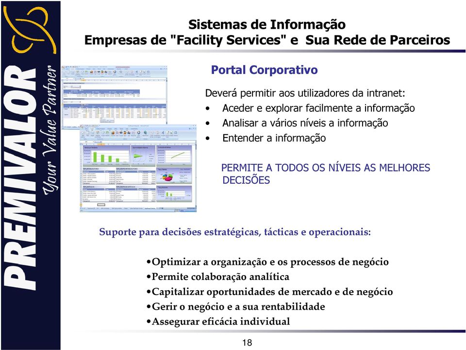 estratégicas, tácticas e operacionais: Optimizar a organização e os processos de negócio Permite colaboração analítica