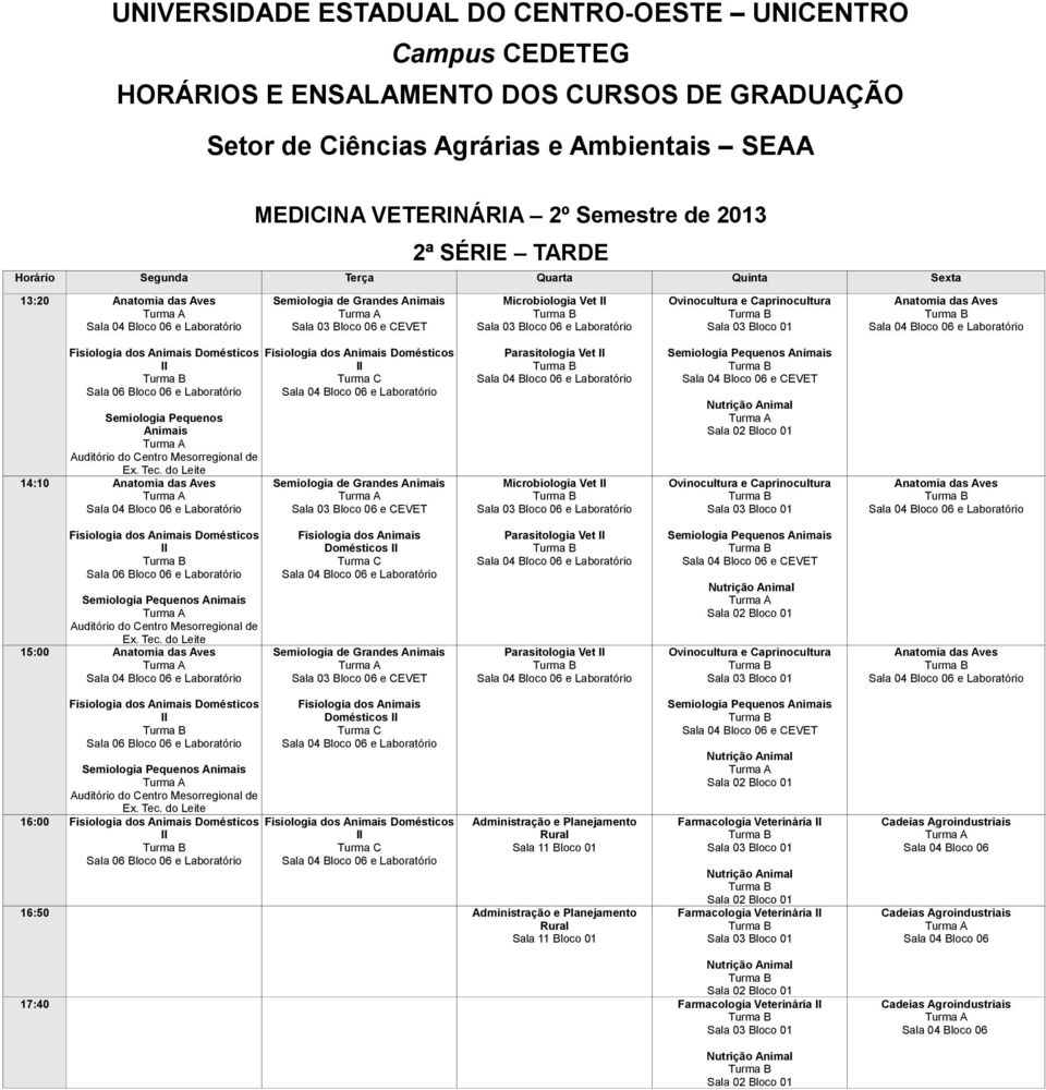 Parasitologia Vet Parasitologia Vet e Nutrição Anatomia das Aves 16:00 Fisiologia dos Animais Domésticos Administração e Planejamento Sala 11 Bloco 01