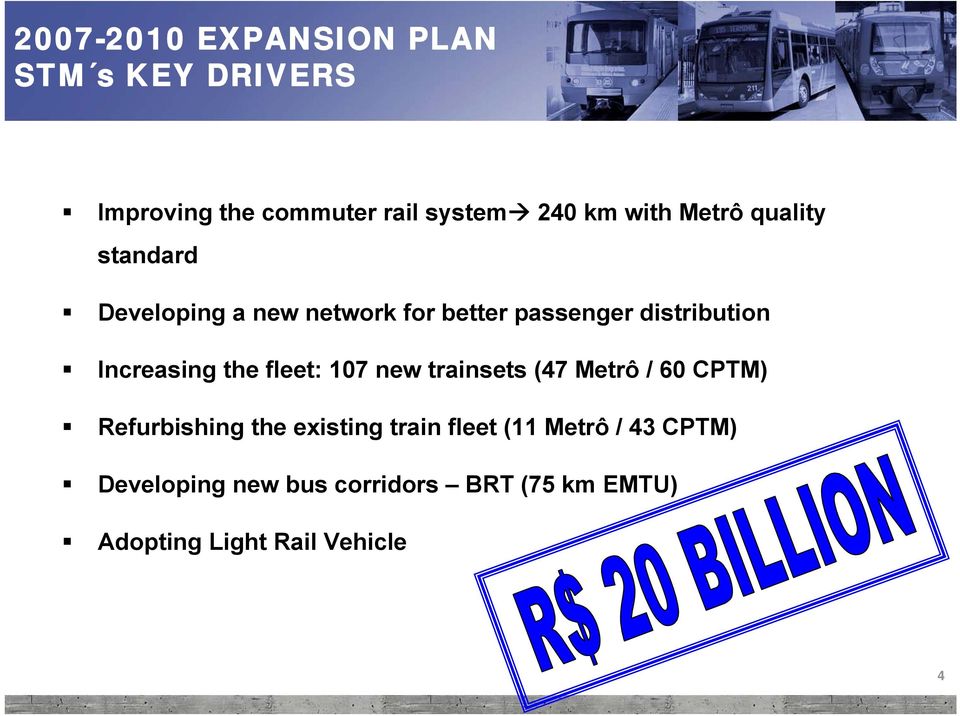 Increasing the fleet: 107 new trainsets (47 Metrô / 60 CPTM) Refurbishing the existing