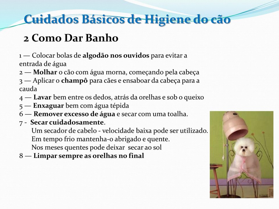 queixo 5 Enxaguar bem com água tépida 6 Remover excesso de água e secar com uma toalha. 7 - Secar cuidadosamente.