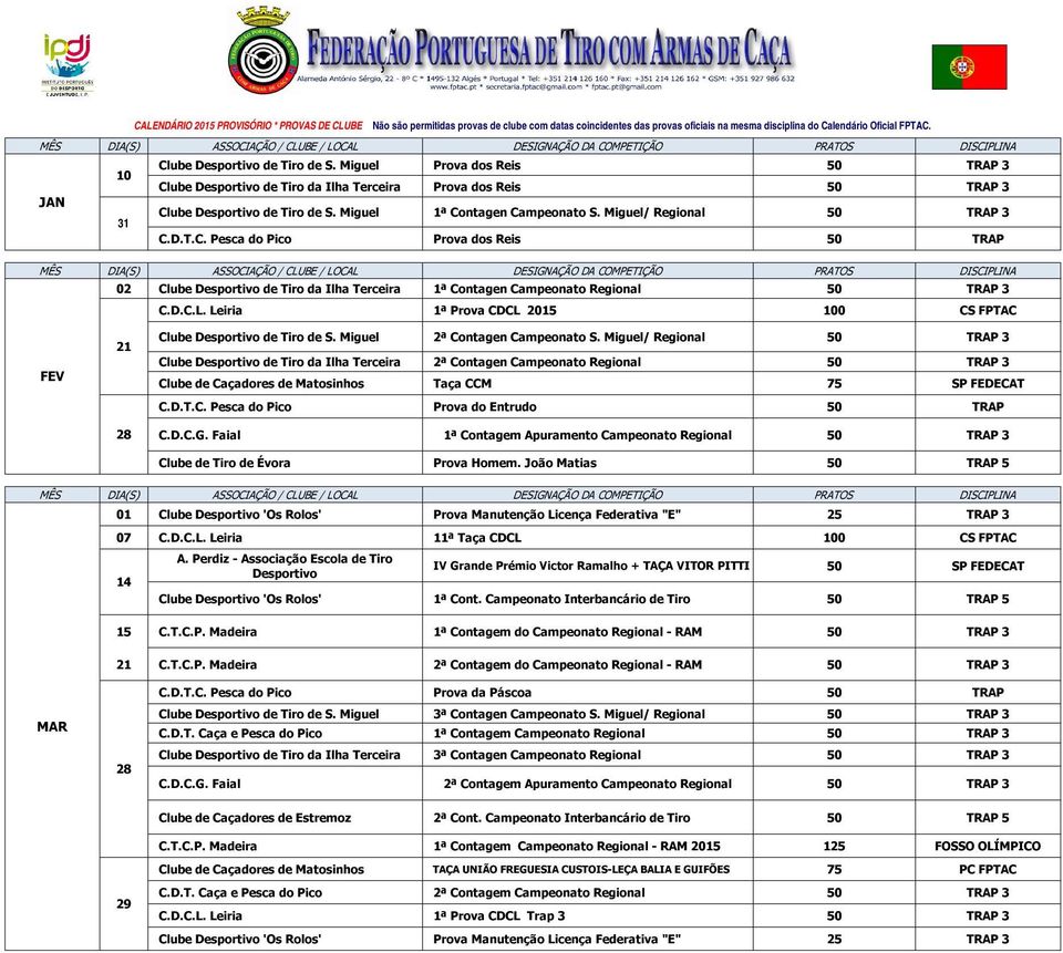 Miguel 2ª Contagen Campeonato S. Miguel/ Regional 50 TRAP 3 Clube de Tiro da Ilha Terceira 2ª Contagen Campeonato Regional 50 TRAP 3 Clube de Caçadores de Matosinhos Taça CCM 75 SP FEDECAT C.D.T.C. Pesca do Pico Prova do Entrudo 50 TRAP C.