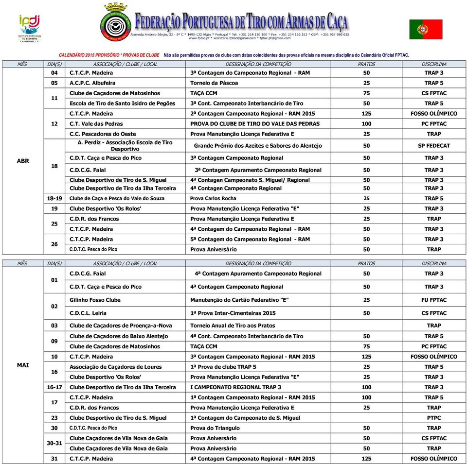 C. Pescadores do Oeste Prova Manutenção Licença Federativa E 25 TRAP Grande Prémio dos Azeites e Sabores do Alentejo 50 SP FEDECAT C.D.T. Caça e Pesca do Pico 3ª Contagem Campeonato Regional 50 TRAP 3 C.