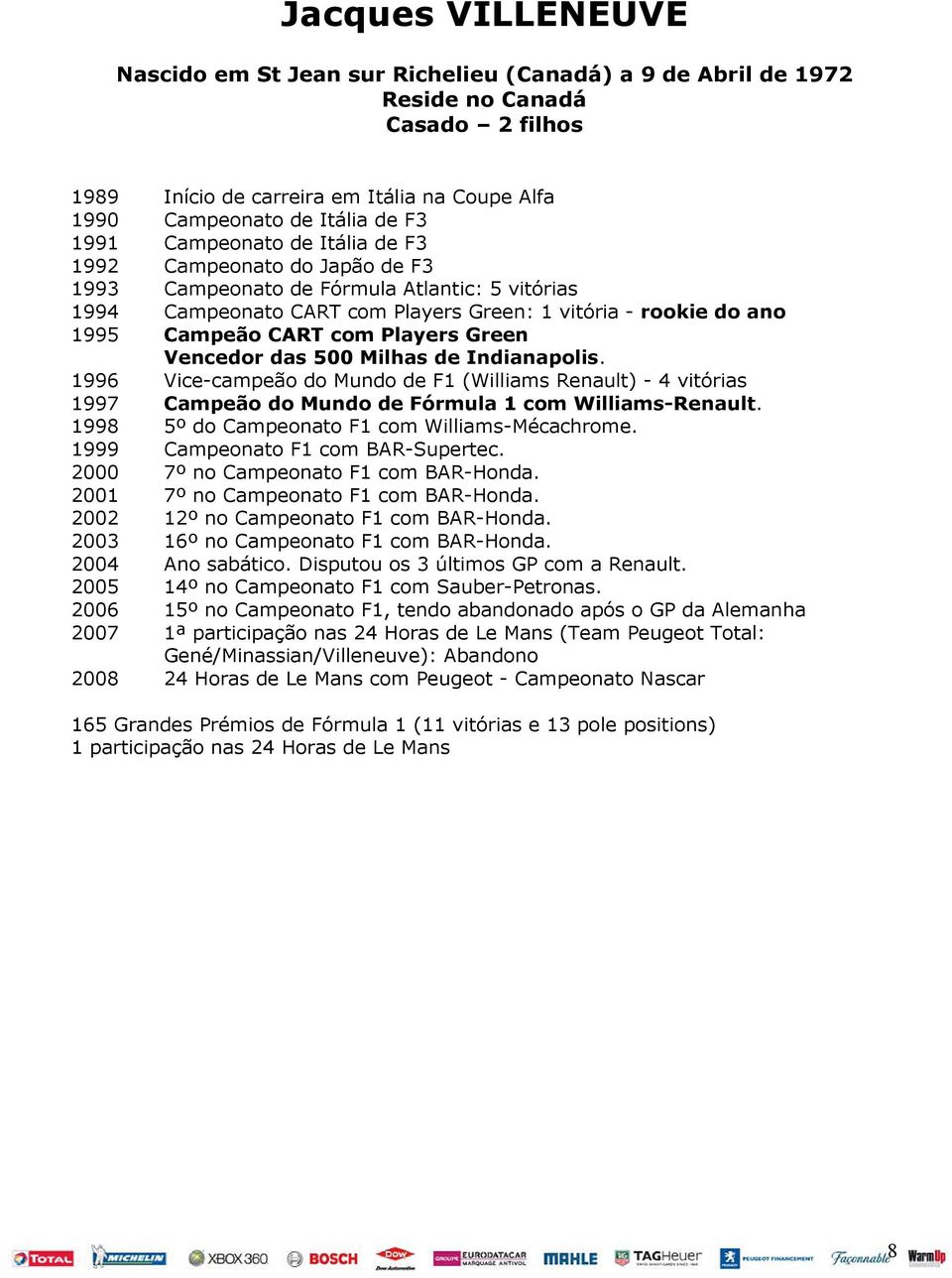 Players Green Vencedor das 500 Milhas de Indianapolis. 1996 Vice-campeão do Mundo de F1 (Williams Renault) - 4 vitórias 1997 Campeão do Mundo de Fórmula 1 com Williams-Renault.