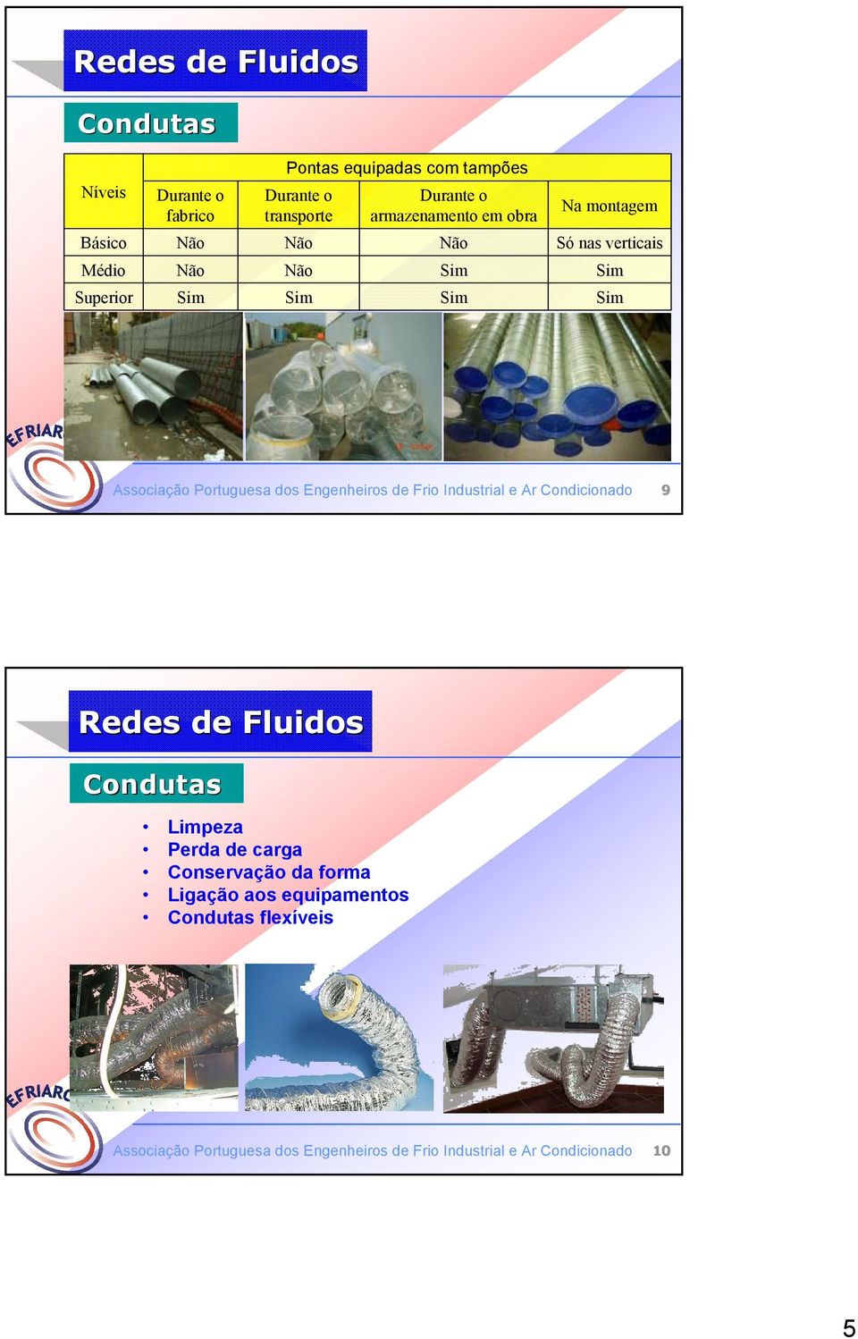 dos Engenheiros de Frio Industrial e Ar Condicionado 9 Redes de Fluidos Condutas Limpeza Perda de carga Conservação da forma