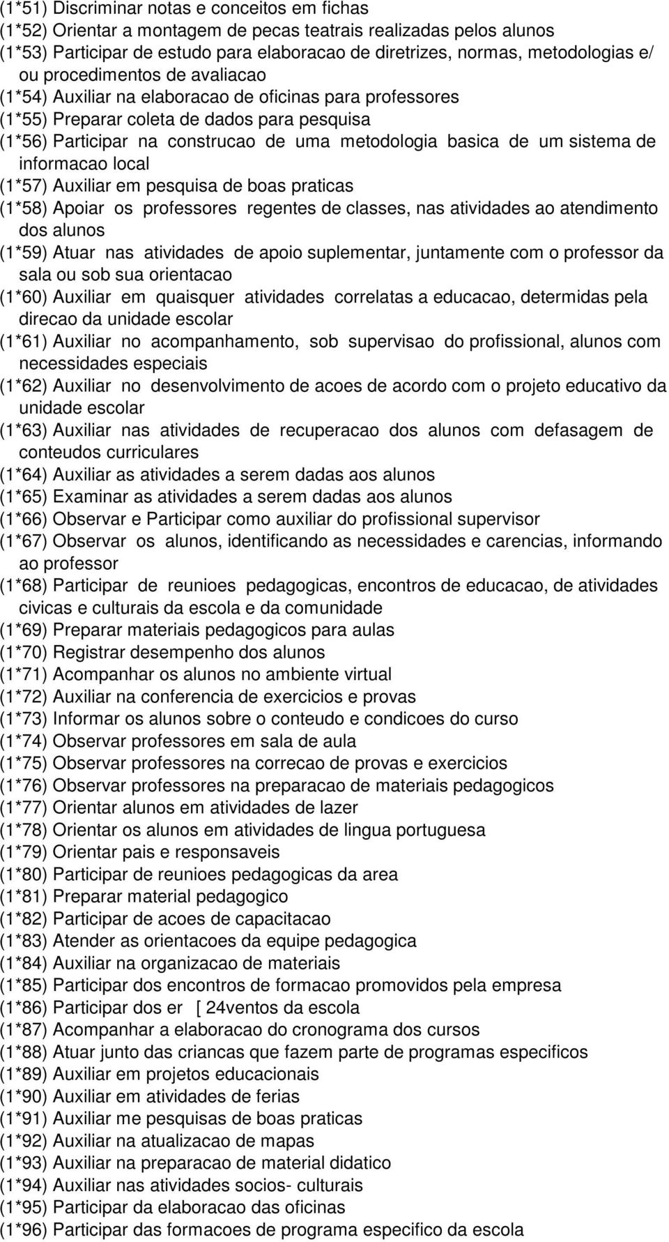 sistema de informacao local (1*57) Auxiliar em pesquisa de boas praticas (1*58) Apoiar os professores regentes de classes, nas atividades ao atendimento dos alunos (1*59) Atuar nas atividades de