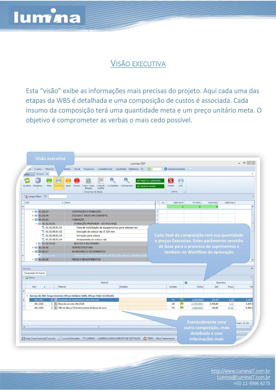 Cada insumo da composição terá uma quantidade meta e um preço unitário meta. O objetivo é comprometer as verbas o mais cedo possível.