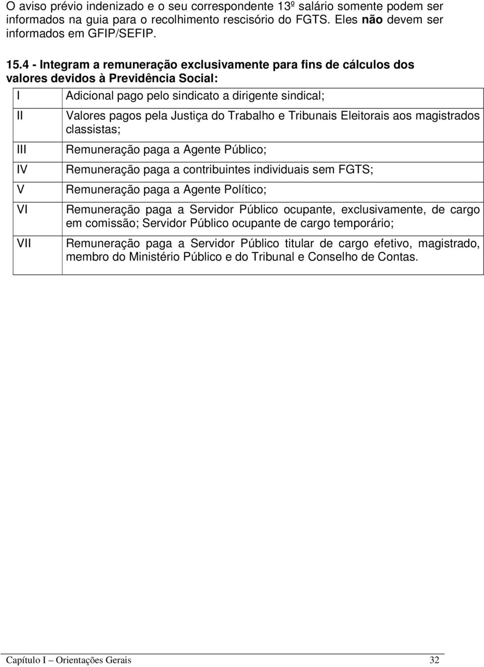 e Tribunais Eleitorais aos magistrados classistas; Remuneração paga a Agente Público; Remuneração paga a contribuintes individuais sem FGTS; Remuneração paga a Agente Político; Remuneração paga a