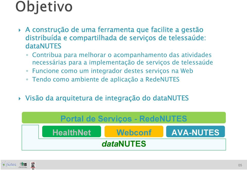 telessaúde Funcione como um integrador destes serviços na Web Tendo como ambiente de aplicação a RedeNUTES Visão