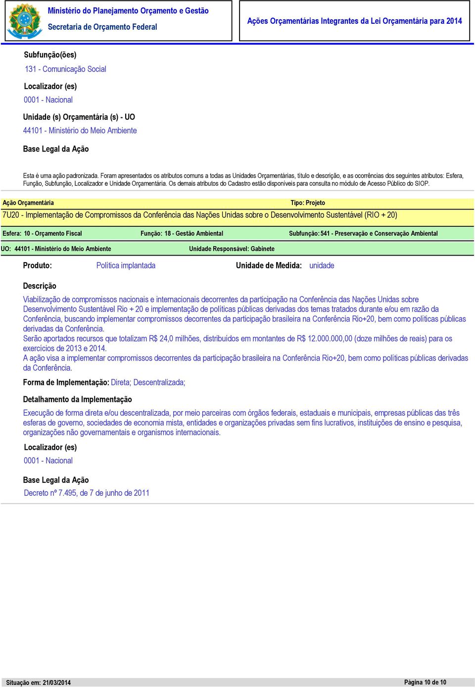 decorrentes da participação na Conferência das Nações Unidas sobre Desenvolvimento Sustentável Rio + 20 e implementação de políticas públicas derivadas dos temas tratados durante e/ou em razão da