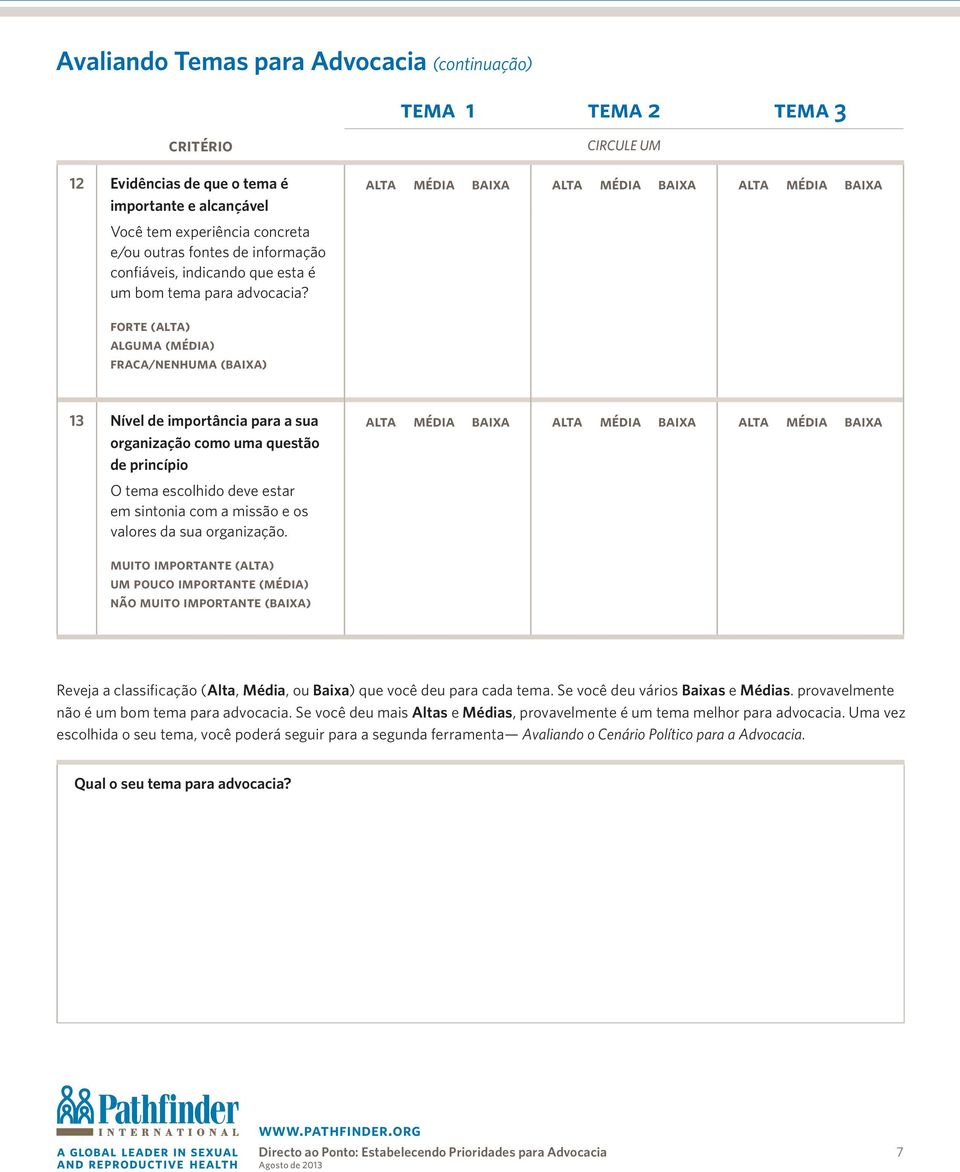 forte (alta) alguma (média) fraca/nenhuma (baixa) 13 Nível de importância para a sua organização como uma questão de princípio O tema escolhido deve estar em sintonia com a missão e os valores da sua