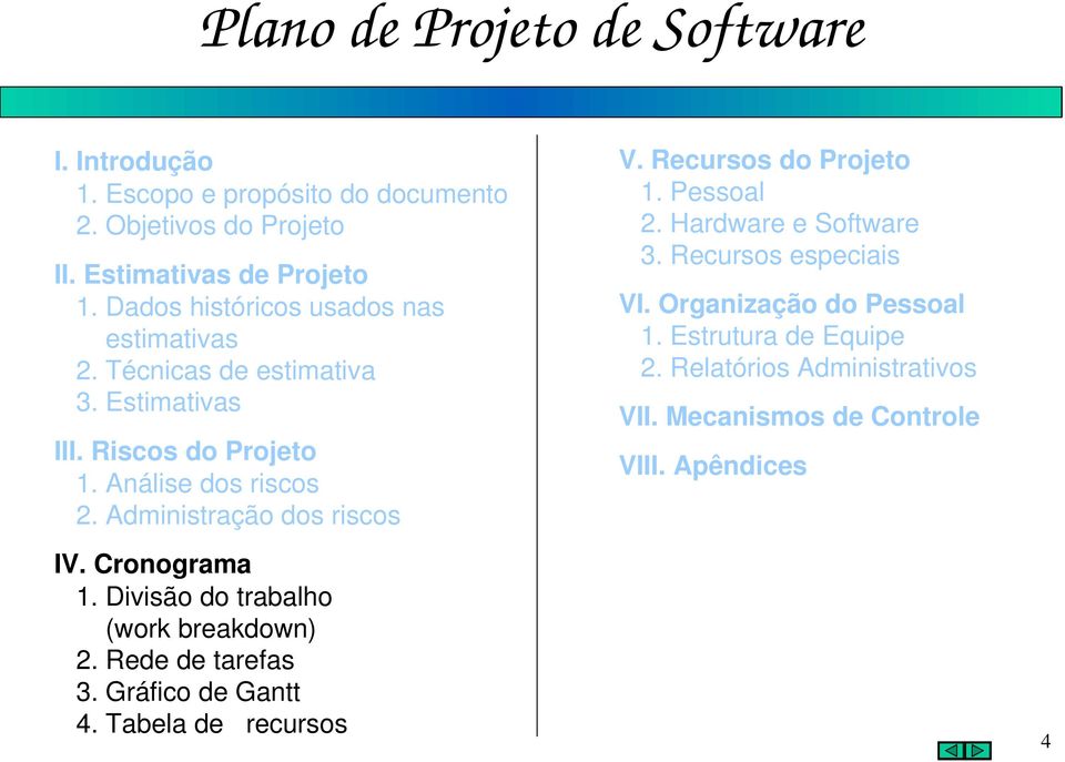 Administração dos riscos IV. Cronograma 1. Divisão do trabalho (work breakdown) 2. Rede de tarefas. Gráfico de Gantt. Tabela de recursos V.