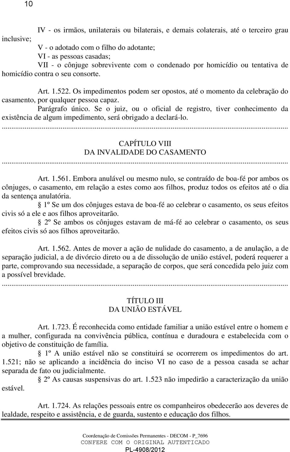 Parágrafo único. Se o juiz, ou o oficial de registro, tiver conhecimento da existência de algum impedimento, será obrigado a declará-lo. CAPÍTULO VIII DA INVALIDADE DO CASAMENTO Art. 1.561.