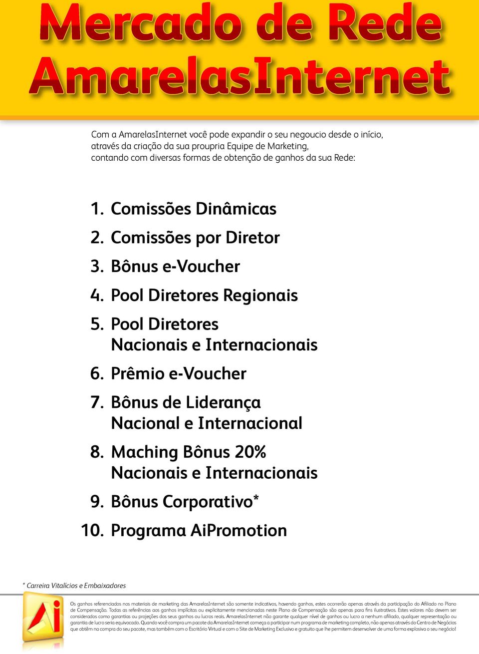 Comissões por Diretor 3. Bônus e-voucher 4. Pool Diretores Regionais 5. Pool Diretores Nacionais e Internacionais 6. Prêmio e-voucher 7.