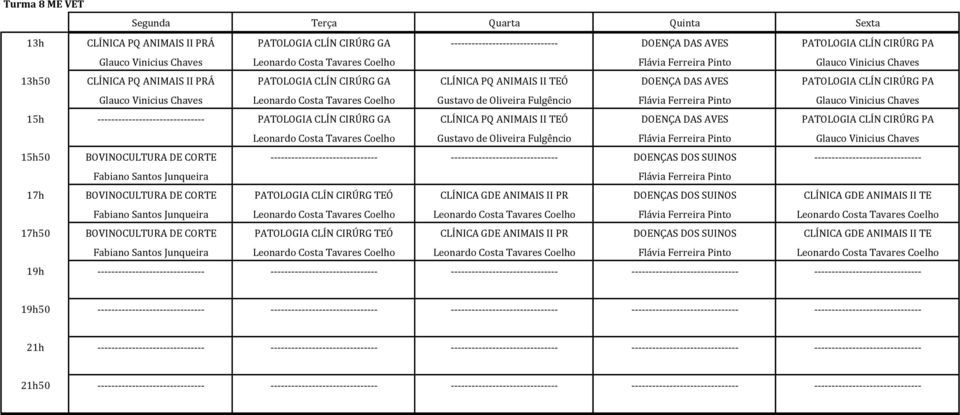 Leonardo Costa Tavares Coelho Gustavo de Oliveira Fulgêncio Flávia Ferreira Pinto Glauco Vinicius Chaves 15h ------------------------------- PATOLOGIA CLÍN CIRÚRG GA CLÍNICA PQ ANIMAIS II TEÓ DOENÇA