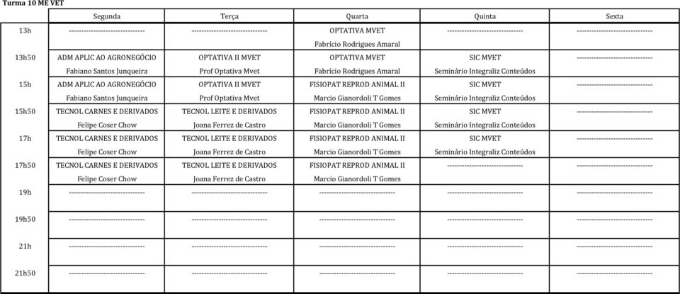 ADM APLIC AO AGRONEGÓCIO OPTATIVA II MVET FISIOPAT REPROD ANIMAL II SIC MVET ------------------------------- Fabiano Santos Junqueira Prof Optativa Mvet Marcio Gianordoli T Gomes Seminário Integraliz