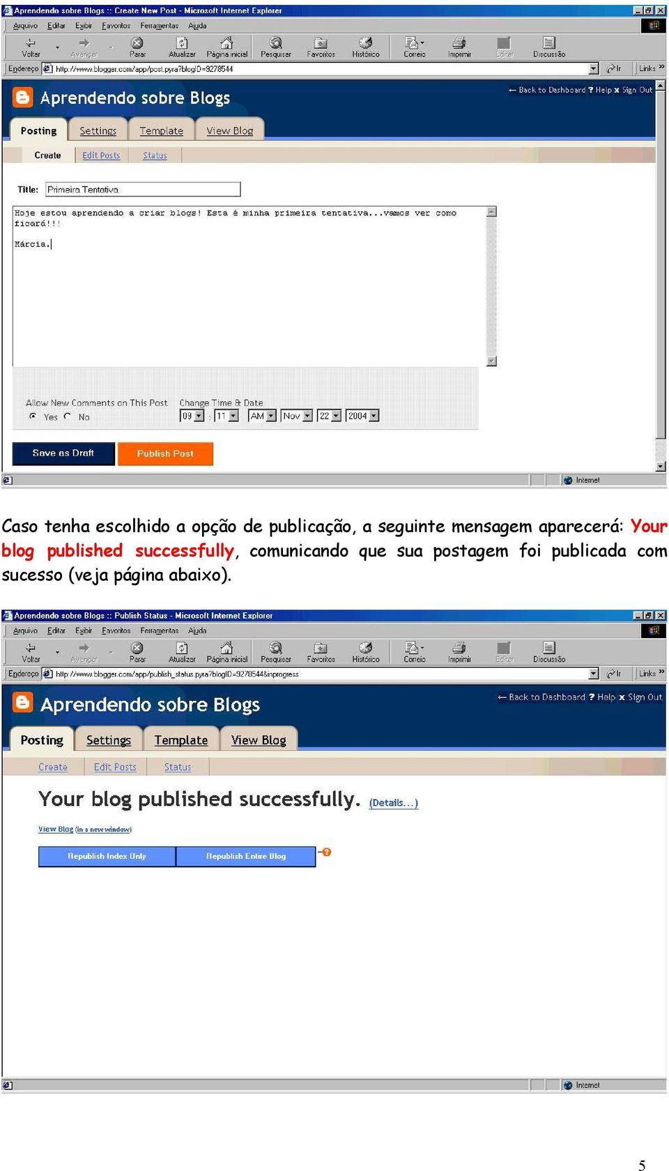 published successfully, comunicando que sua