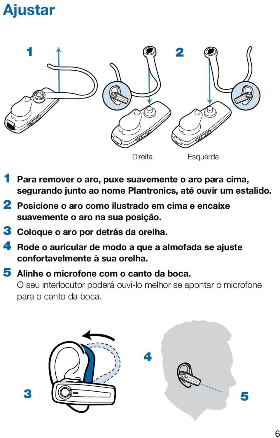 3 Coloque o aro por detrás da orelha. 4 Rode o auricular de modo a que a almofada se ajuste confortavelmente à sua orelha.