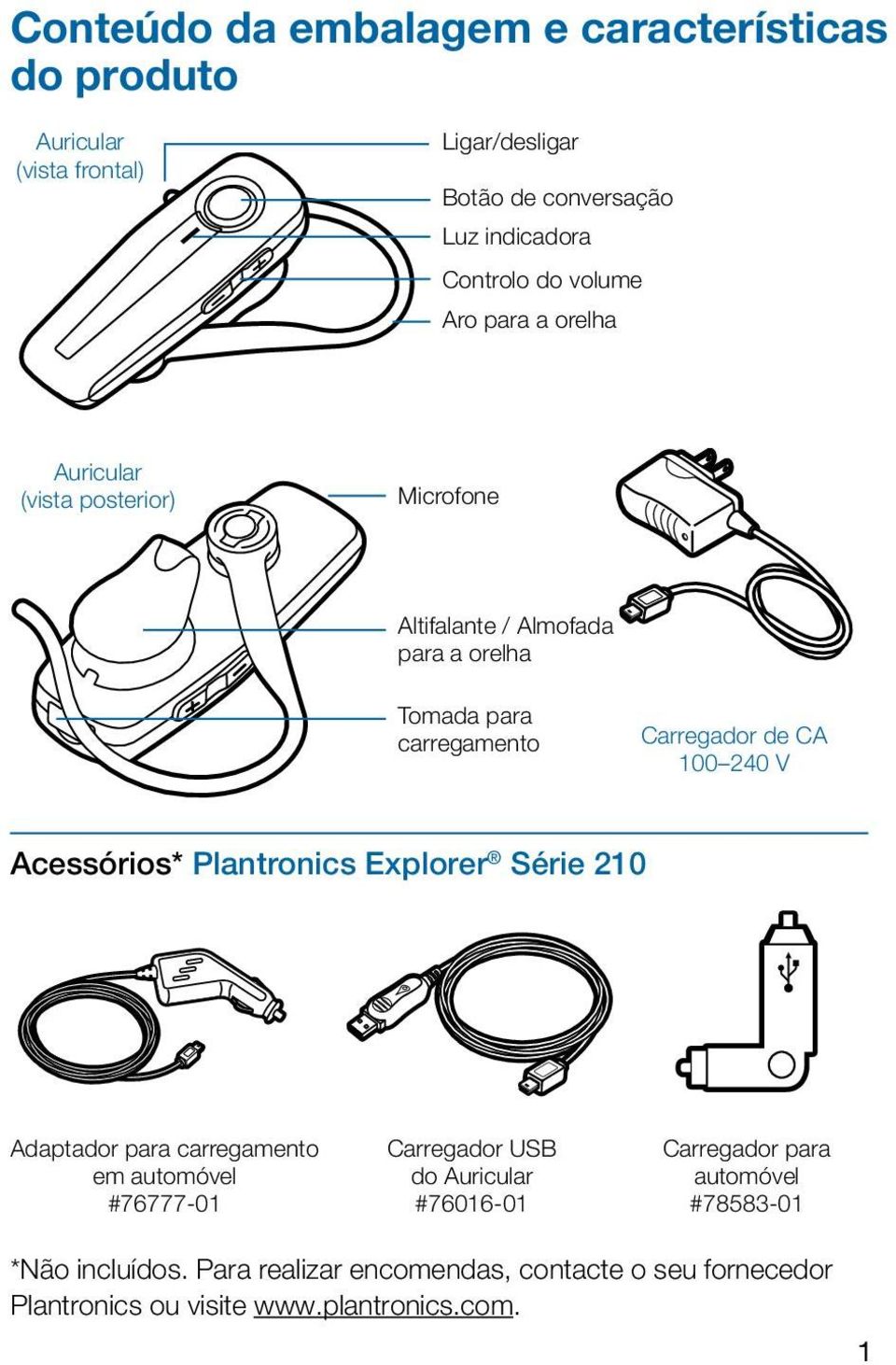 100 240 V Acessórios* Plantronics Explorer Série 210 Adaptador para carregamento em automóvel #76777-01 Carregador USB do Auricular #76016-01