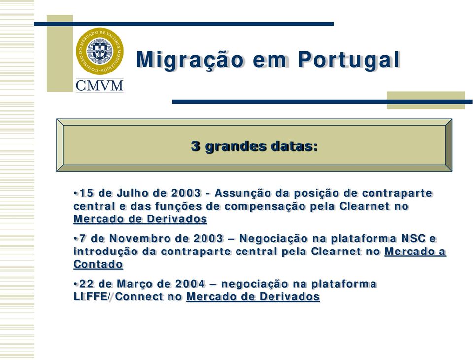 Novembro de 2003 Negociação na plataforma NSC e introdução da contraparte central pela