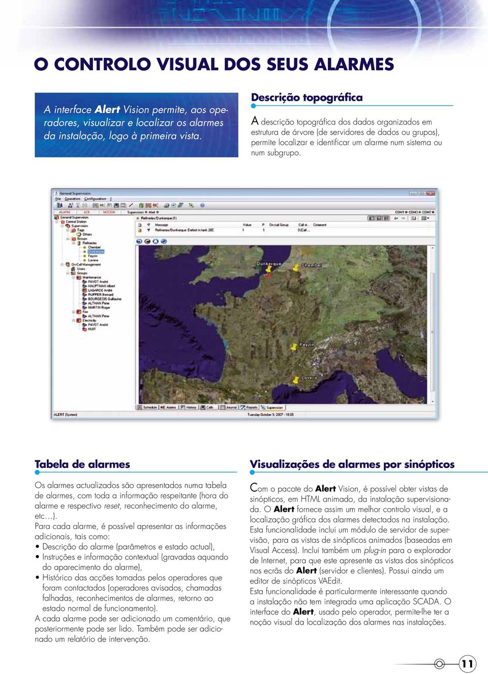 Descrição topográfica A descrição topográfica dos dados organizados em estrutura de árvore (de servidores de dados ou grupos), permite localizar e identificar um alarme num sistema ou num subgrupo.