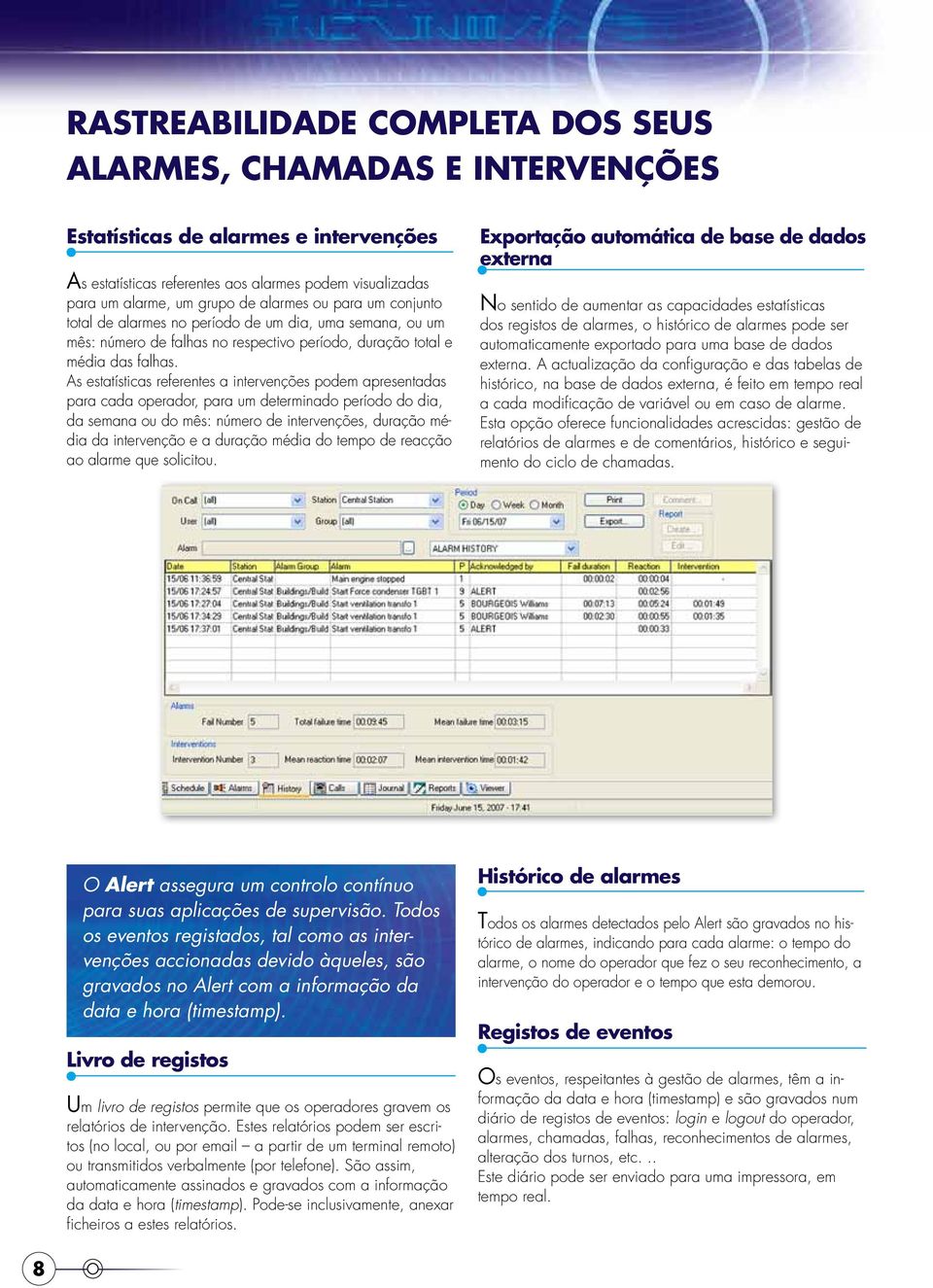 As estatísticas referentes a intervenções podem apresentadas para cada operador, para um determinado período do dia, da semana ou do mês: número de intervenções, duração média da intervenção e a