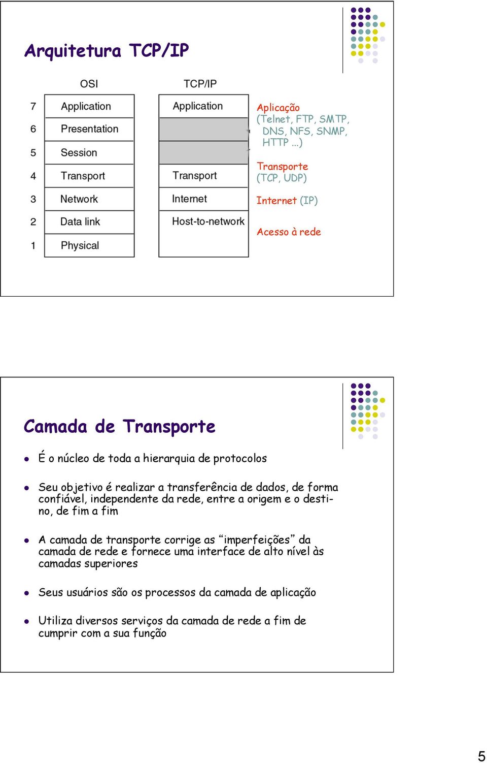 a transferência de dados, de forma confiável, independente da rede, entre a origem e o destino, de fim a fim A camada de transporte corrige as