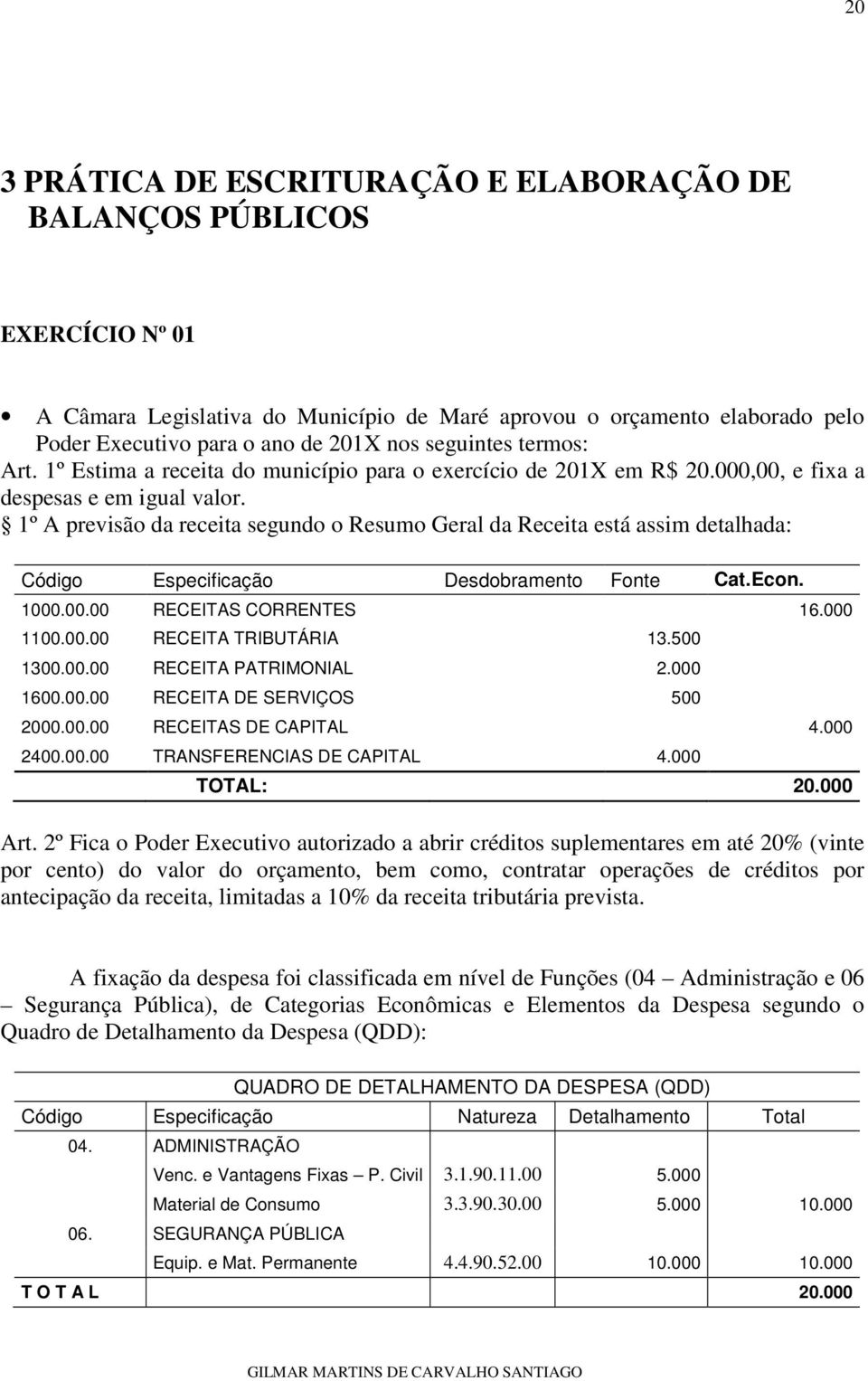 1º A previsão da receita segundo o Resumo Geral da Receita está assim detalhada: Código Especificação Desdobramento Fonte Cat.Econ. 1000.00.00 RECEITAS CORRENTES 16.000 1100.00.00 RECEITA TRIBUTÁRIA 13.