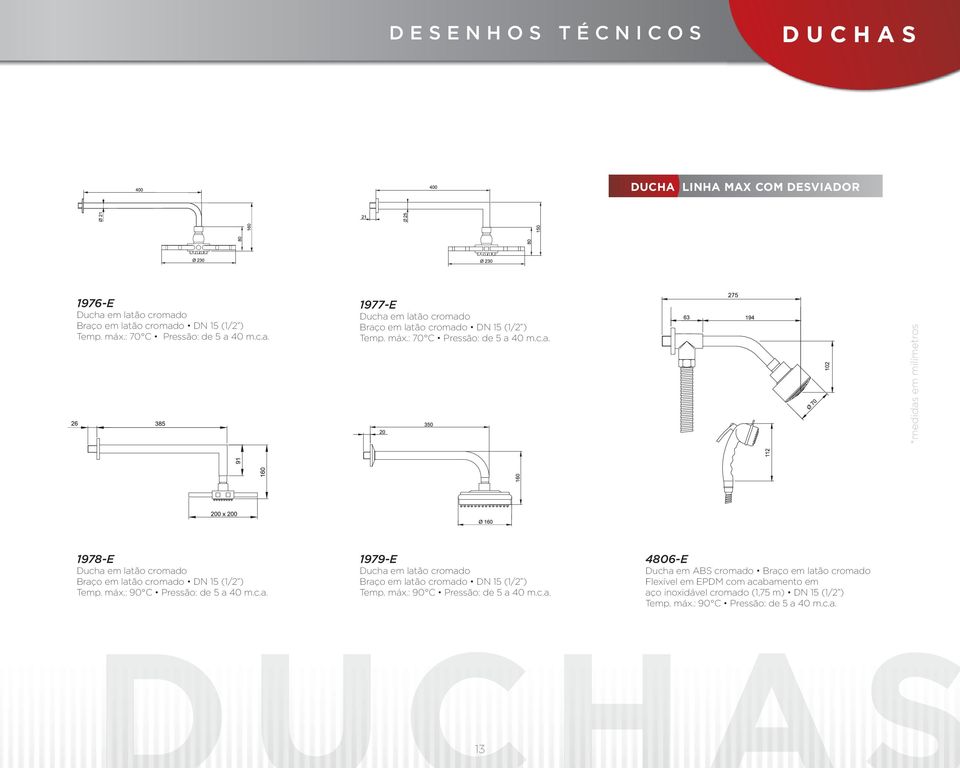 : 70 C *medidas em milímetros 1978-E Ducha em latão cromado Braço em latão cromado DN 15 (1/2 ) Temp. máx.