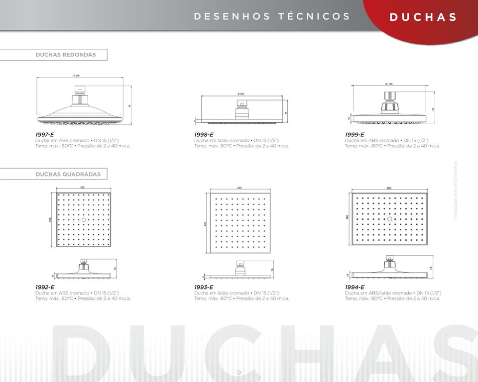 máx.: 80 C Pressão: de 2 a 40 m.c.a. 1993-E Ducha em latão cromado DN 15 (1/2 ) Temp. máx.: 80 C Pressão: de 2 a 40 m.c.a. 1994-E Ducha em ABS/latão cromado DN 15 (1/2 ) Temp.