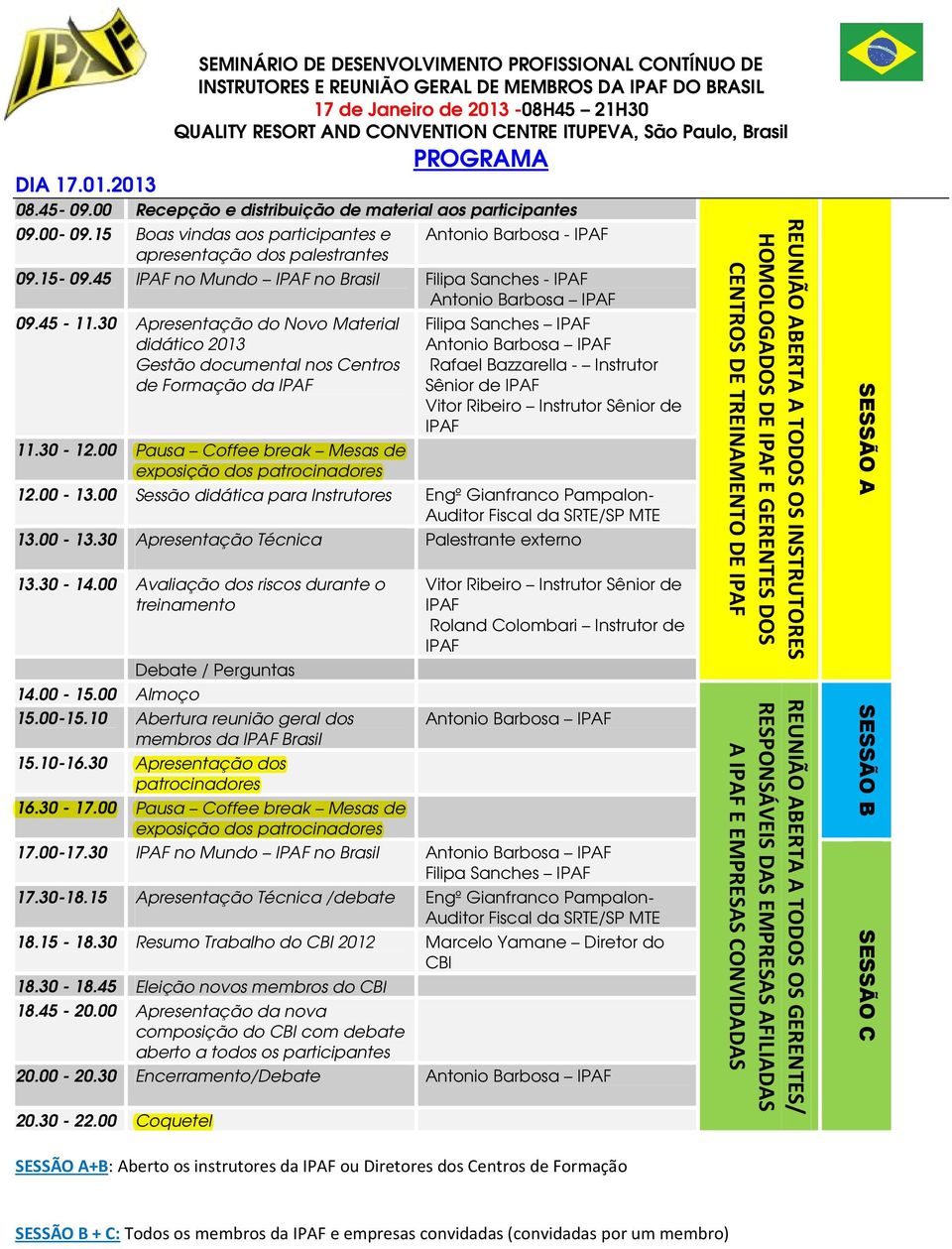 30-12.00 Pausa Coffee break Mesas de 12.00-13.00 Sessão didática para Instrutores 13.00-13.30 Apresentação Técnica 13.30-14.00 Avaliação dos riscos durante o treinamento Debate / Perguntas 14.00-15.