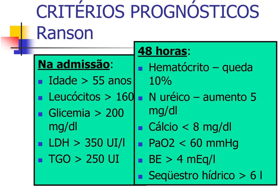 mg/dl Cálcio < 8 mg/dl LDH > 350 UI/l TGO > 250 UI 48 horas: