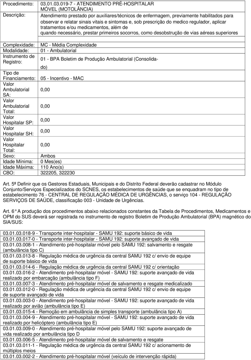 019-7 - ATENDIMENTO PRÉ-HOSPITALAR MÓVEL (MOTOLÂNCIA) Atendimento prestado por auxiliares/técnicos de enfermagem, previamente habilitados para observar e relatar sinais vitais e sintomas e, sob