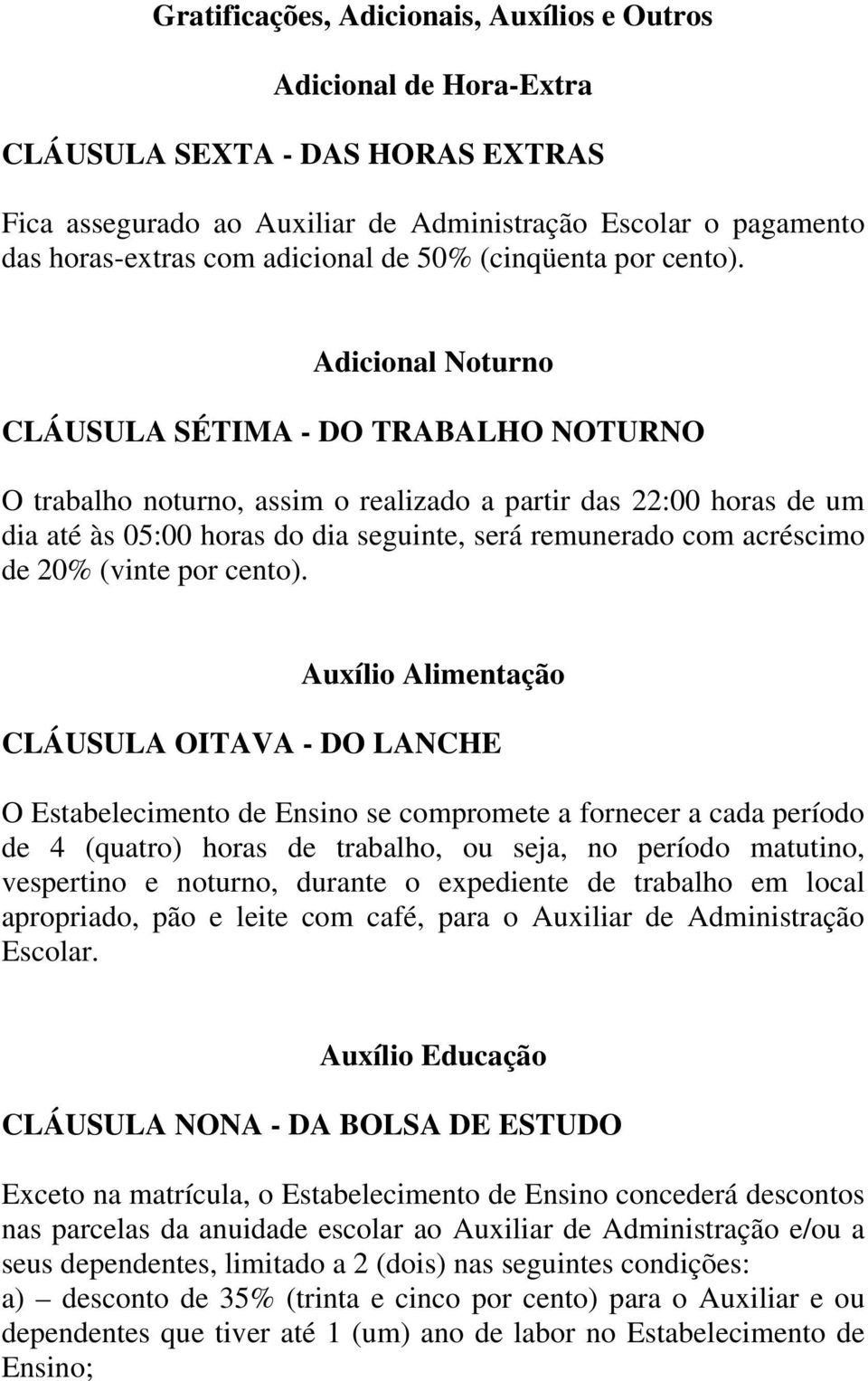 Adicional Noturno CLÁUSULA SÉTIMA - DO TRABALHO NOTURNO O trabalho noturno, assim o realizado a partir das 22:00 horas de um dia até às 05:00 horas do dia seguinte, será remunerado com acréscimo de