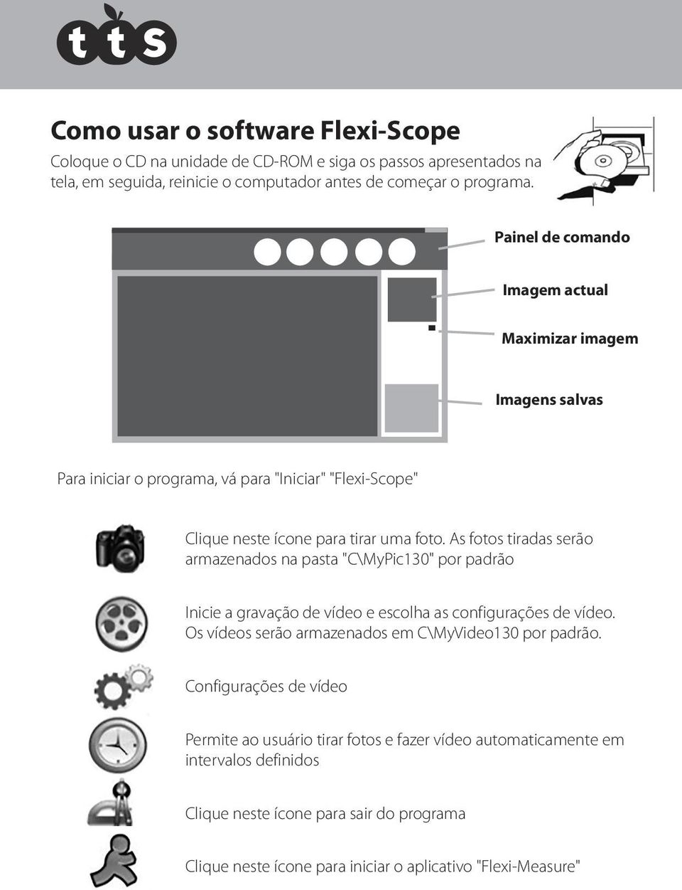 As fotos tiradas serão armazenados na pasta "C\MyPic130" por padrão Inicie a gravação de vídeo e escolha as configurações de vídeo.