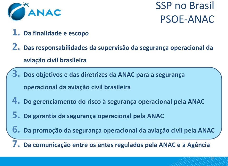 Dos objetivos e das diretrizes da ANAC para a segurança operacional da aviação civil brasileira 4.