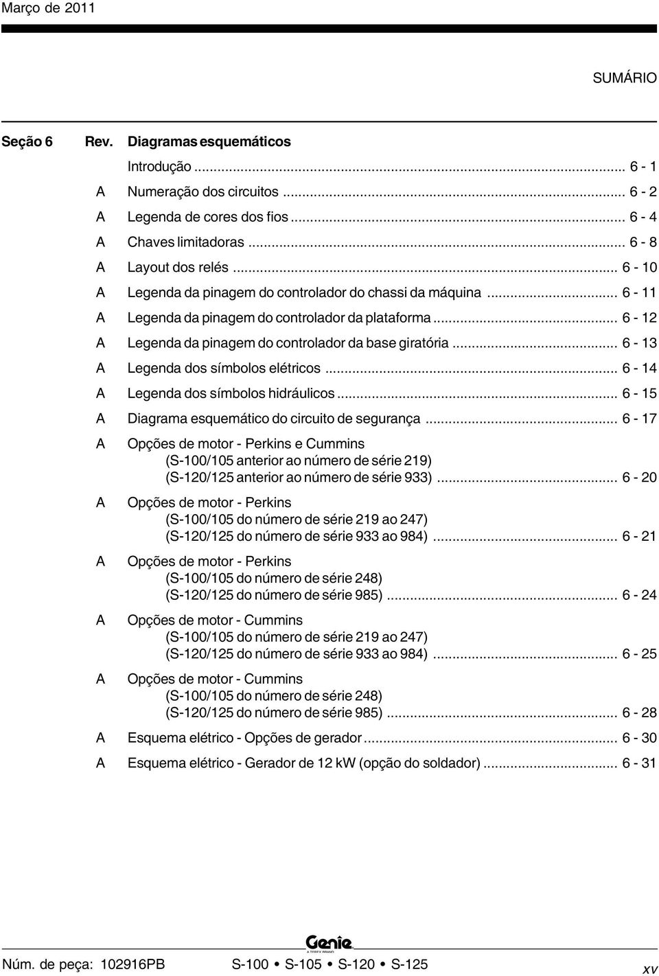 .. 6-13 A Legenda dos símbolos elétricos... 6-14 A Legenda dos símbolos hidráulicos... 6-15 A Diagrama esquemático do circuito de segurança.