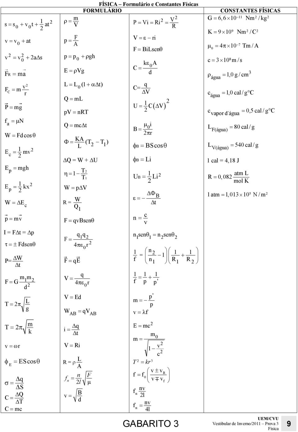 Tm/A c ρ 3 8 m/s água, g / cm 3 c água, cal/ g C cvapor d água,5 cal / g C F (água) V (água) cal 4,8 J 8 cal/ g 54 cal/ g atm R,8 mol K atm,3 N/m 5 I F t p τ ± P W t F G T π Fdse θ mm d g qq F 4πε r