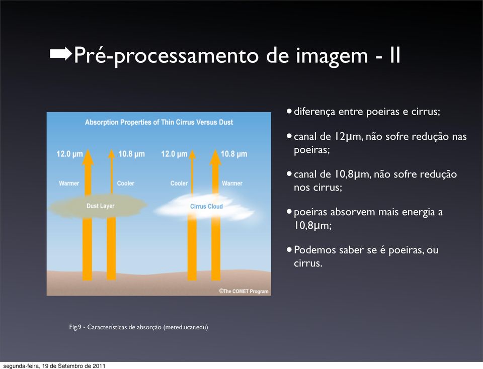 redução nos cirrus; poeiras absorvem mais energia a 10,8μm; Podemos