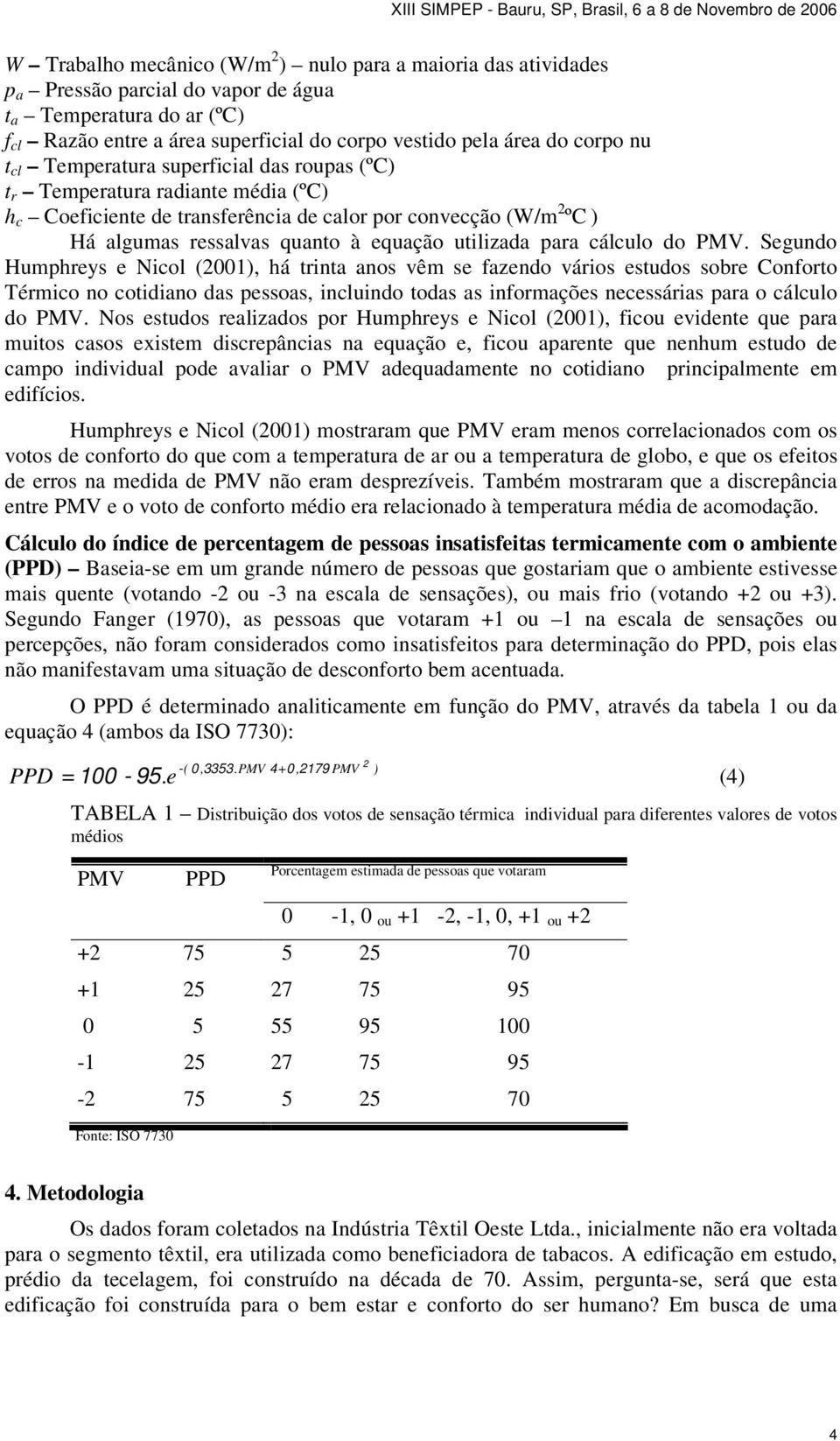 para cálculo do PMV.