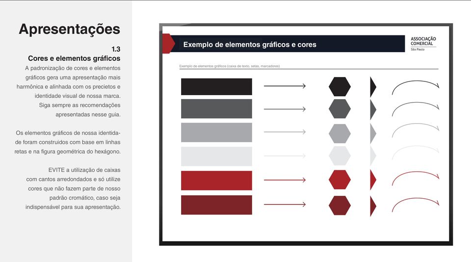 Exemplo de elementos gráficos e cores Exemplo de elementos gráficos (caixa de texto, setas, marcadores) Os elementos gráficos de nossa identidade foram